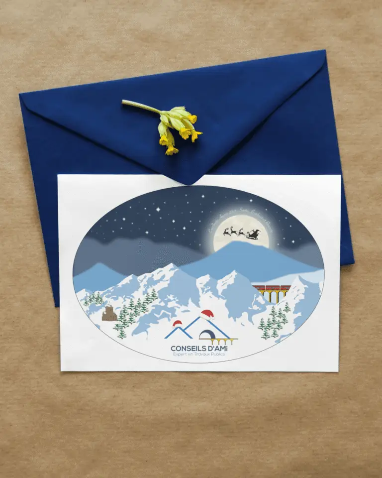 Carte de vœux illustrée personnalisée pour Conseils d’Ami avec paysage de montagne hivernal