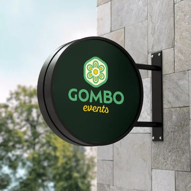 Enseigne ronde Gombo Events avec logo et identité visuelle d'agence évènementielle